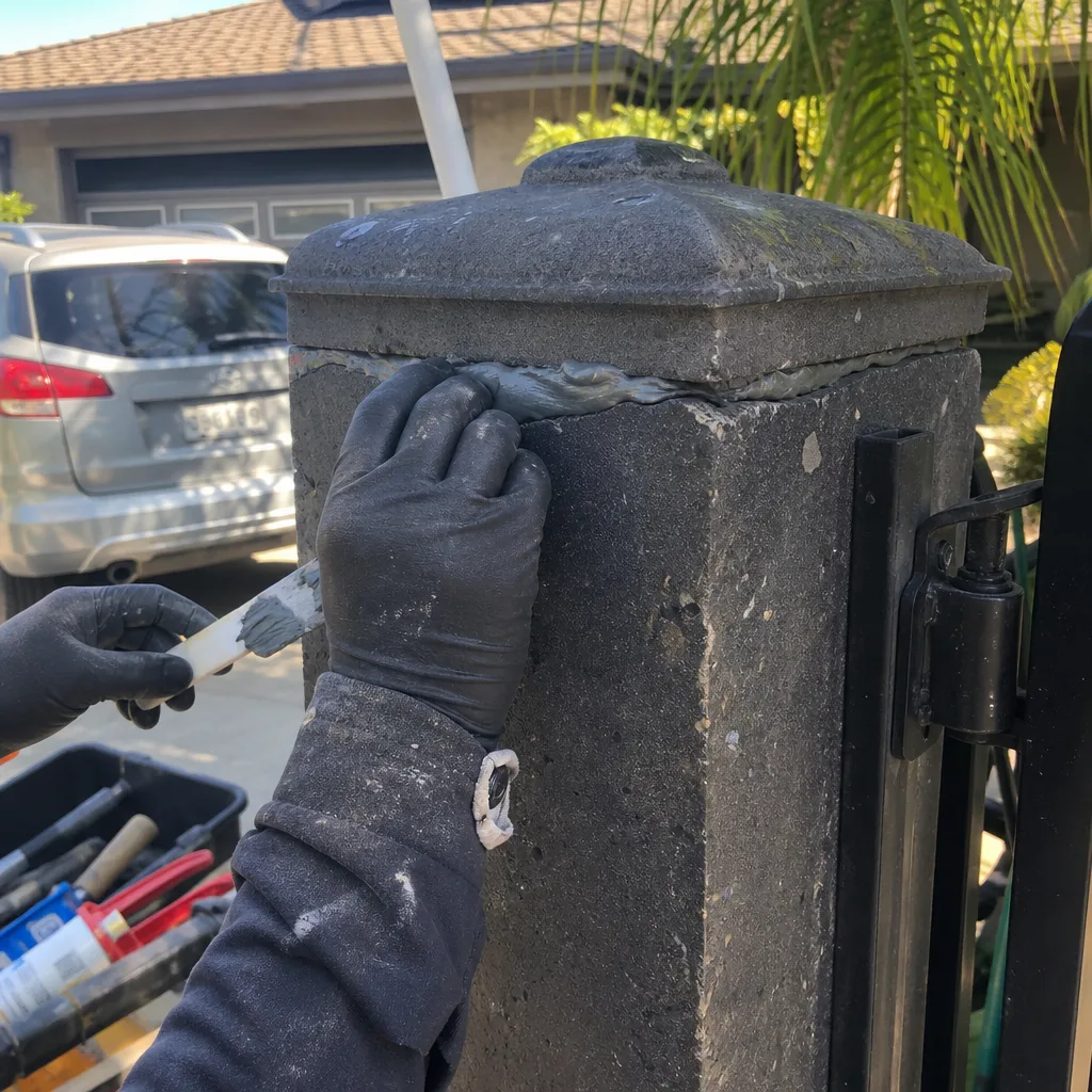 Professional contractor repairing a stone gate pillar with sealant