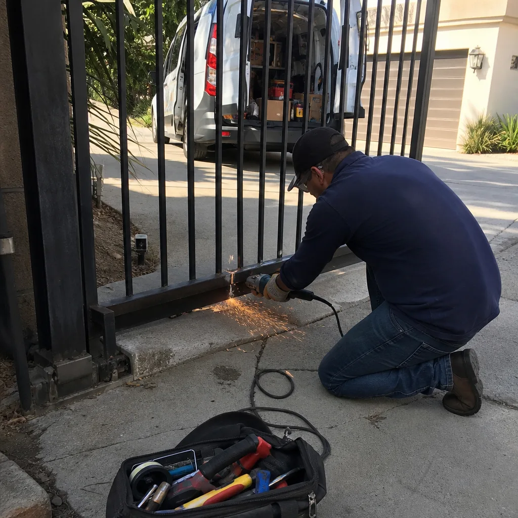 Professional technician performing metal gate repair with an angle grinder
