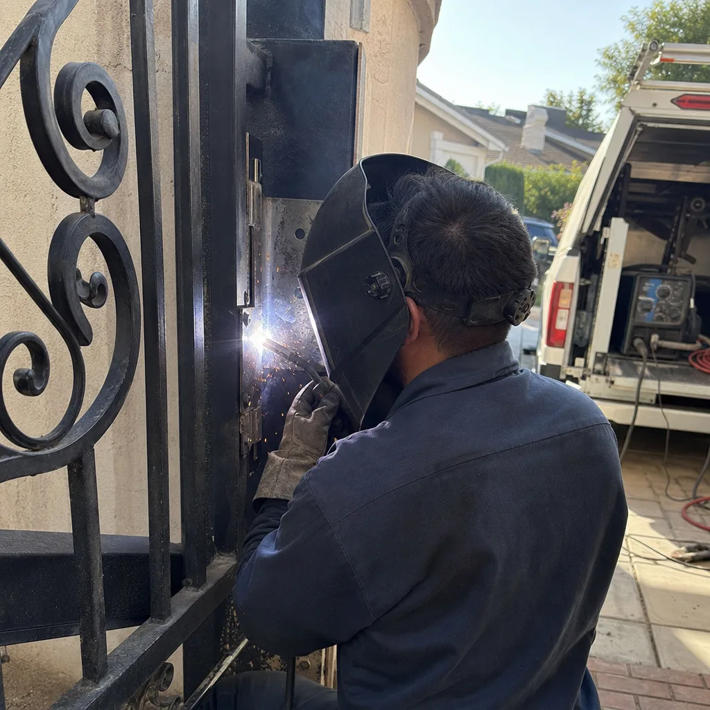Professional welder performing gate repair and metal fence maintenance